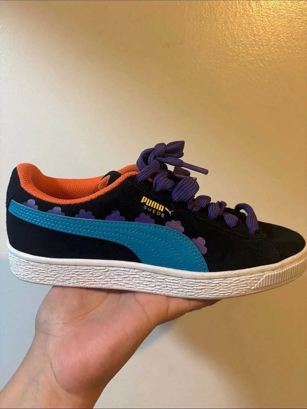 Puma Kids Black Sneakers with Purple Laces and Orange Interior Trim